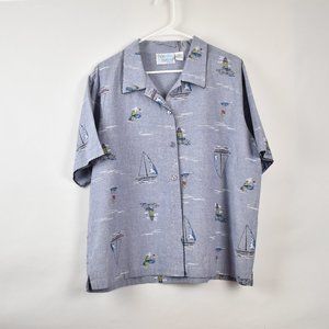 Palm Harbour Cotton Beach Nautical Coastal Sailboat Button Up Polo Shirt Size 1X